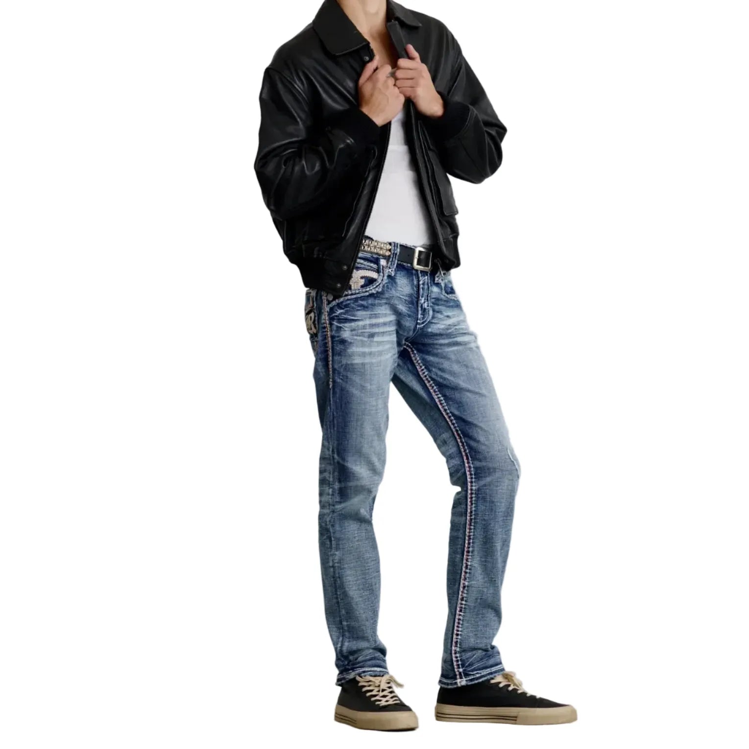 Rock Revival Braylon J201 straight denim in medium blue with fleur-de-lis embroidery on the back pocket.