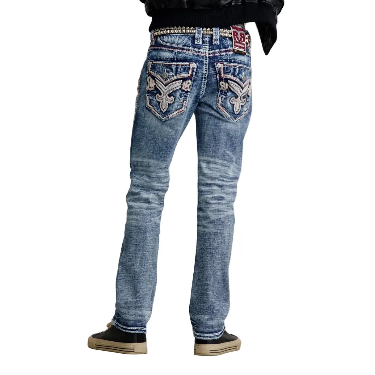 Rock Revival Braylon J201 straight denim in medium blue with fleur-de-lis embroidery on the back pocket.