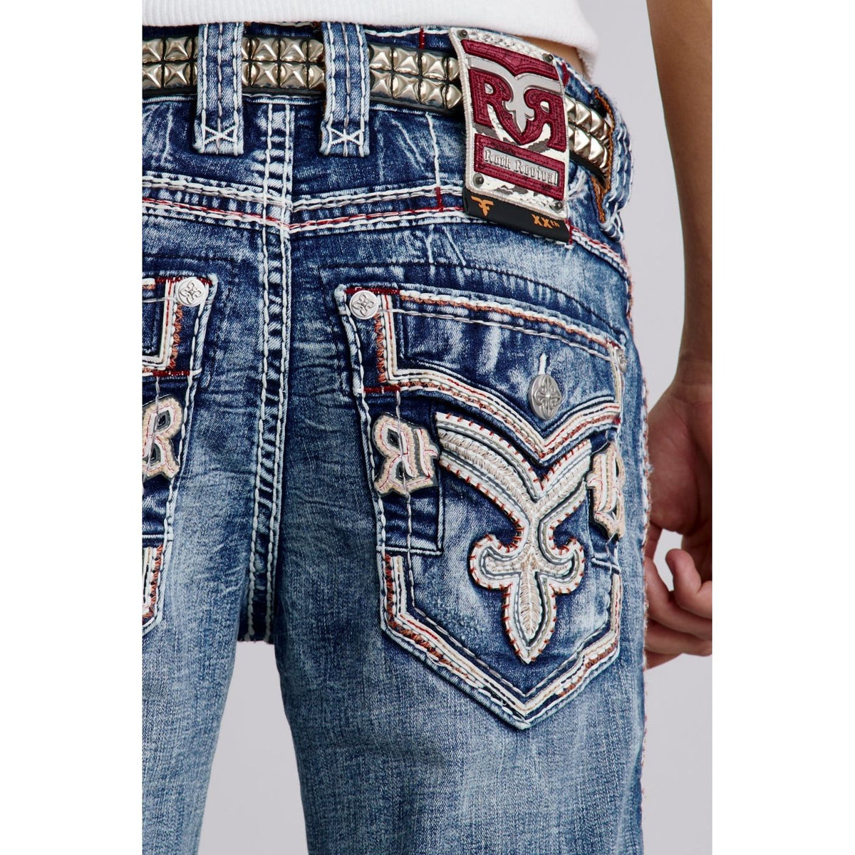 Rock Revival Braylon J201 straight-leg denim jeans with fleur-de-lis embroidery on back pocket, medium blue wash.
