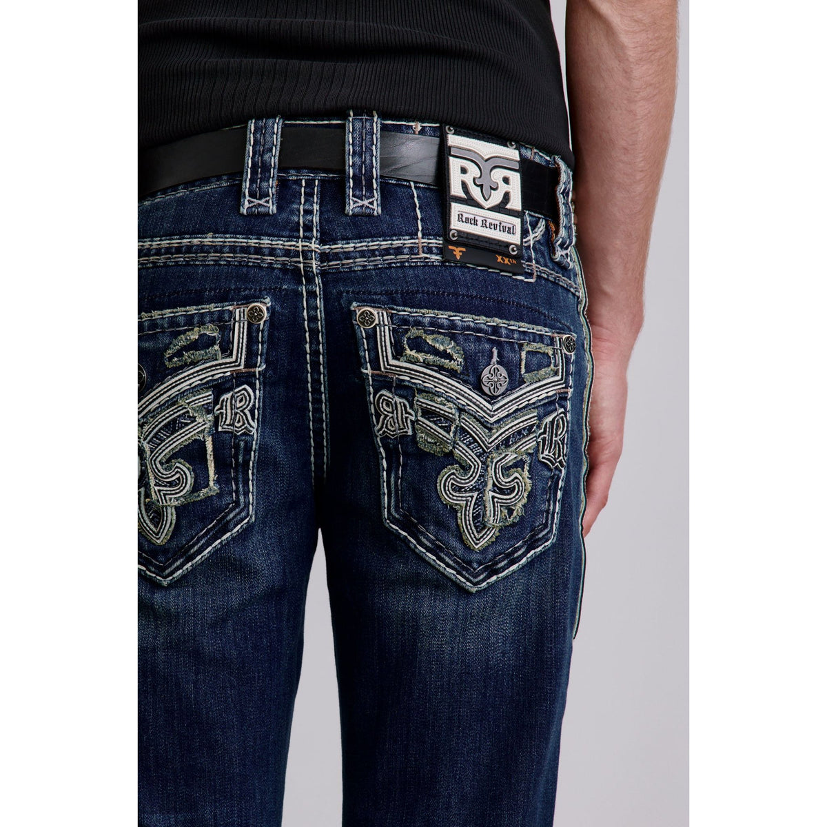 Rock Revival Braylon B202 Bootcut jeans back view with ornate embroidered pockets and contrast stitching.