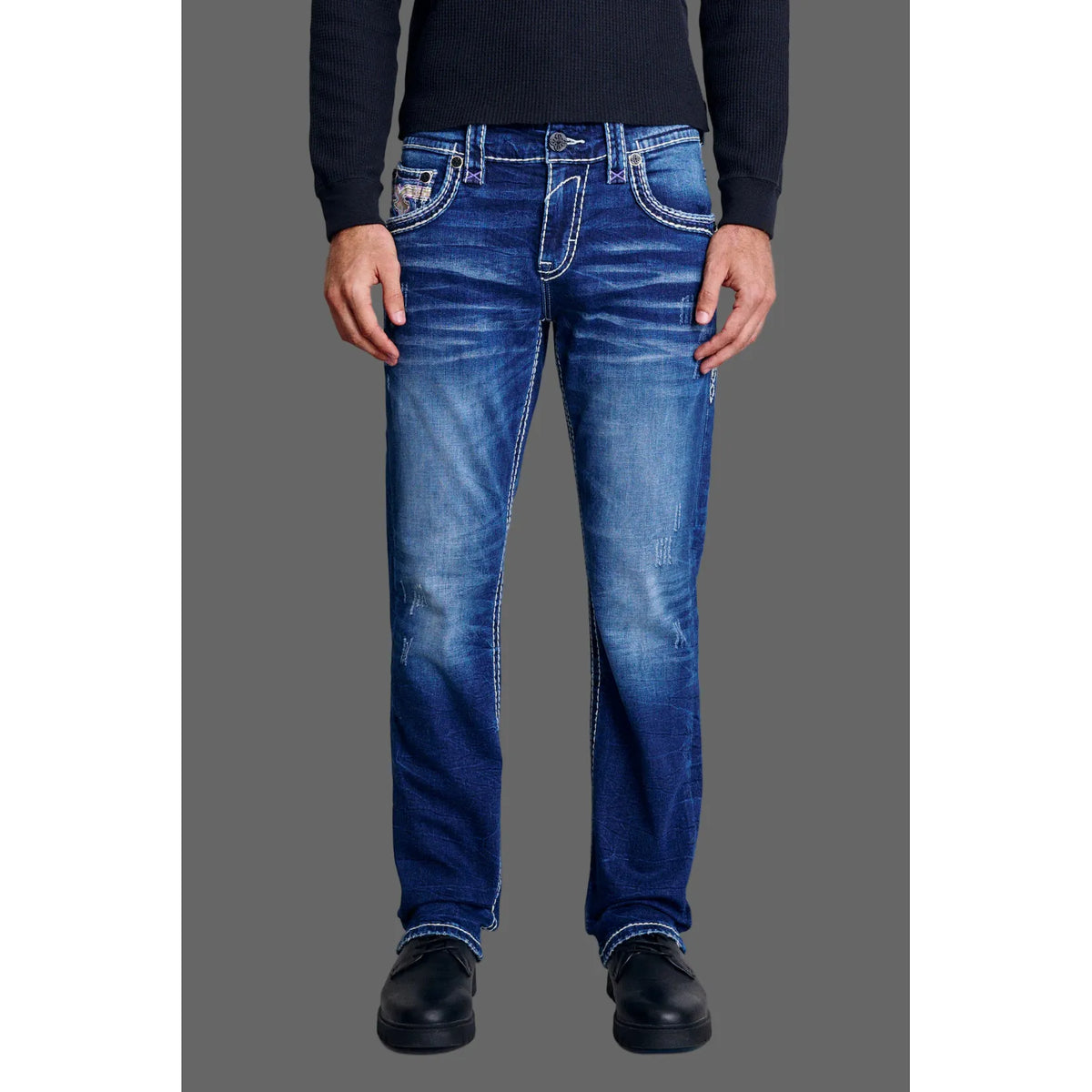 Rock Revival Cody J202 Straight Denim jeans in bold dark wash, classic straight silhouette, Rock Revival.