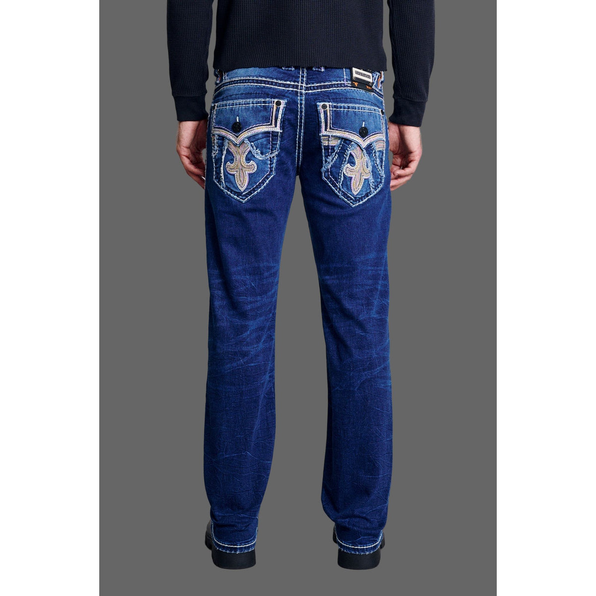 Rock Revival Cody J202 Straight Denim jeans, back view with embroidered fleur-de-lis pockets in dark wash.
