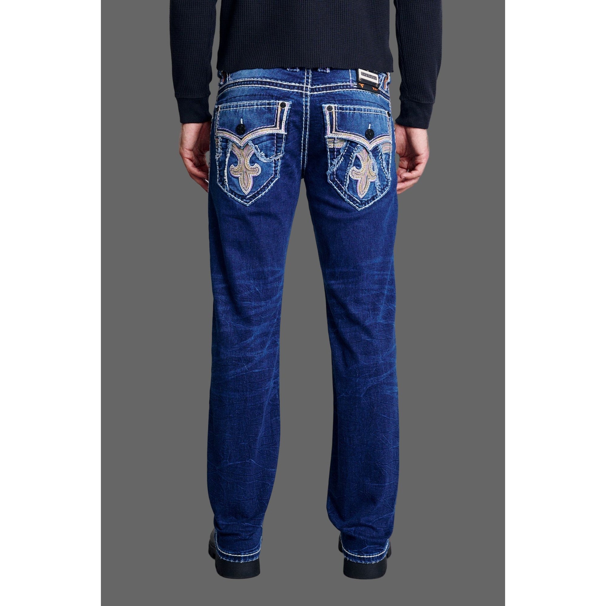 Rock Revival Cody J202 Straight Denim jeans, back view with embroidered fleur-de-lis pockets in dark wash.