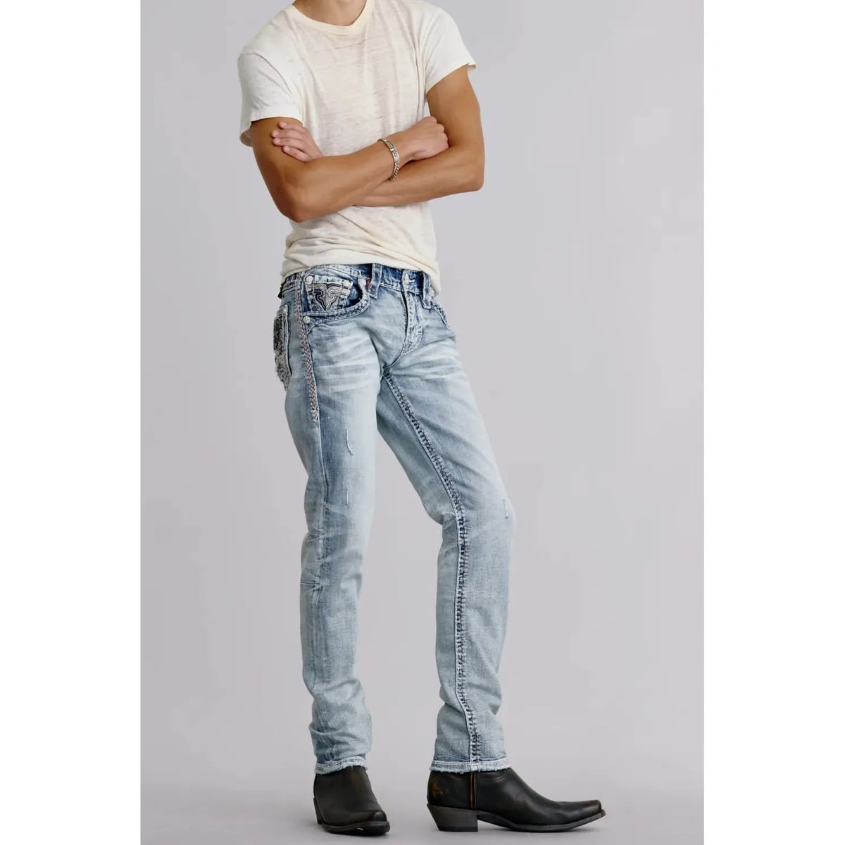Rock Revival Eridanus A202 Alt Straight Jean, light blue wash, double back pockets, Fleur-de-Lis embroidery.