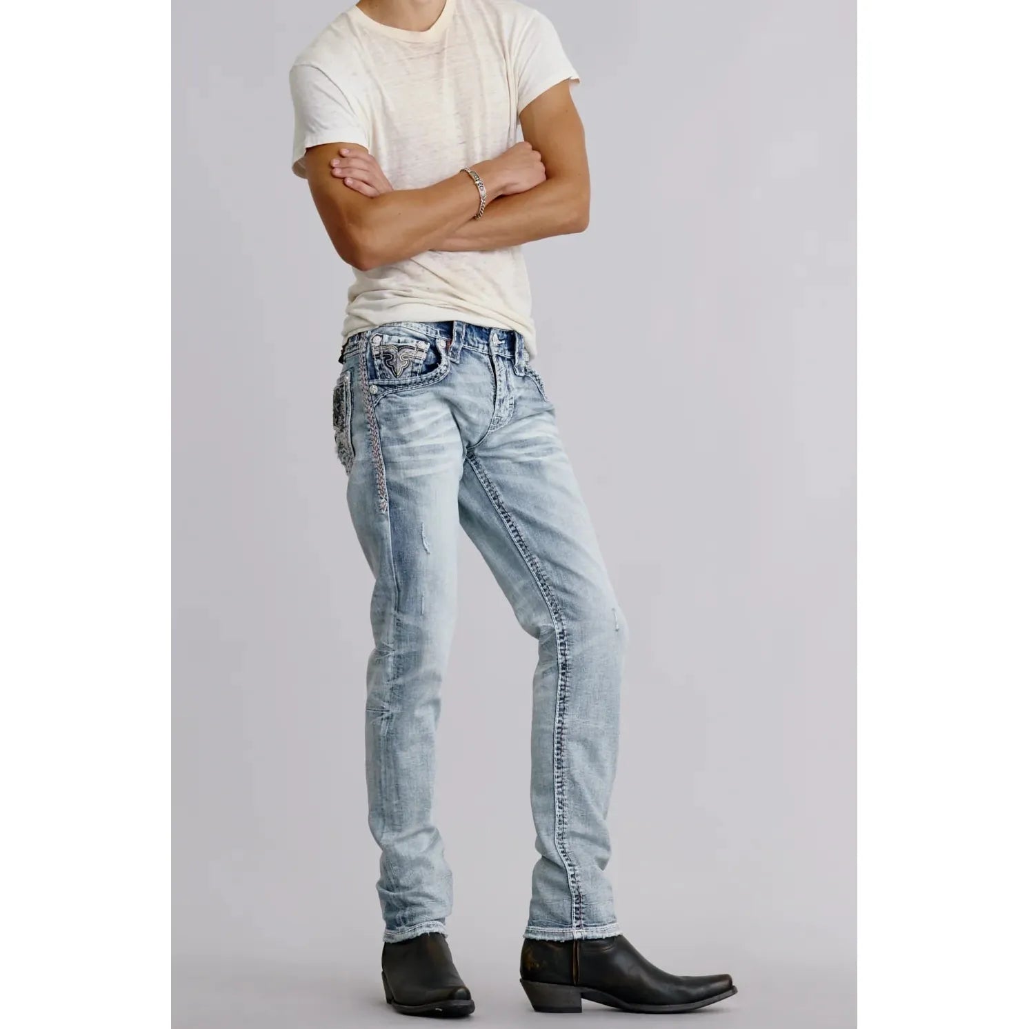 Rock Revival Eridanus A202 Alt Straight Jean, light blue wash, double back pockets, Fleur-de-Lis embroidery.