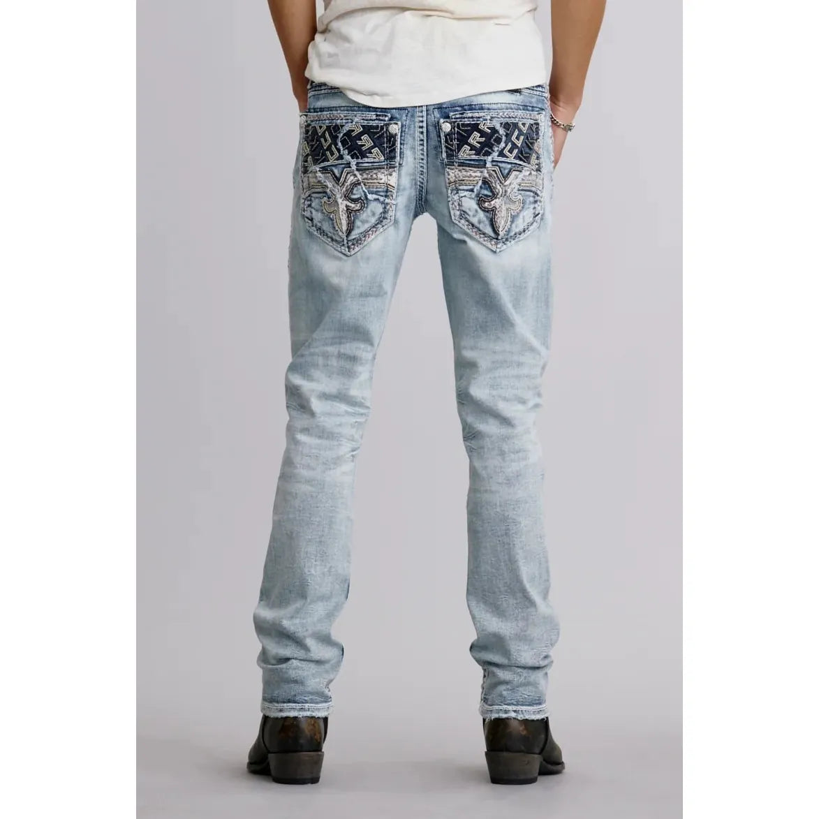 Rock Revival Eridanus A202 Alt Straight Jean in light blue wash with Fleur-de-Lis embroidered back pockets.