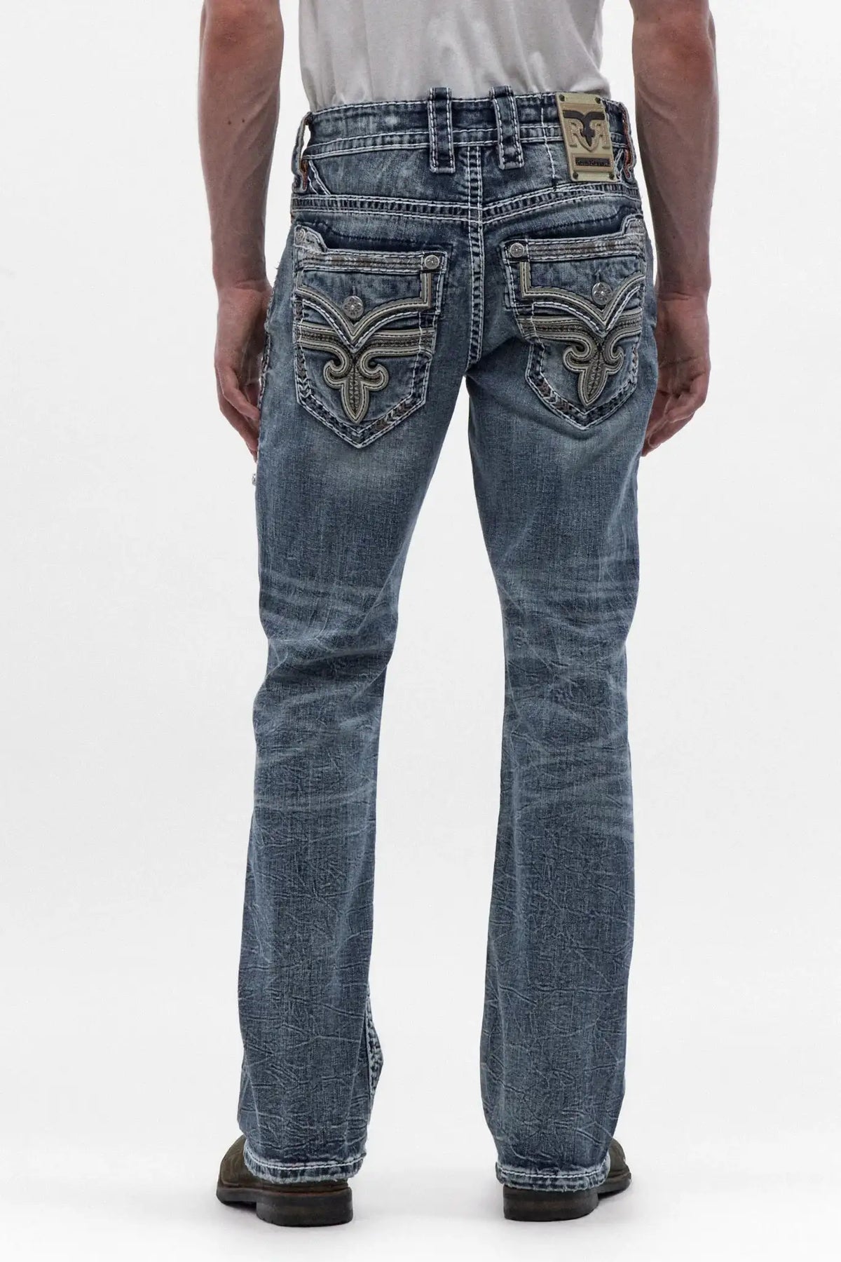 Rock Revival George B202 Bootcut Jeans in medium blue wash featuring signature fleur-de-lis embroidery on back pockets.