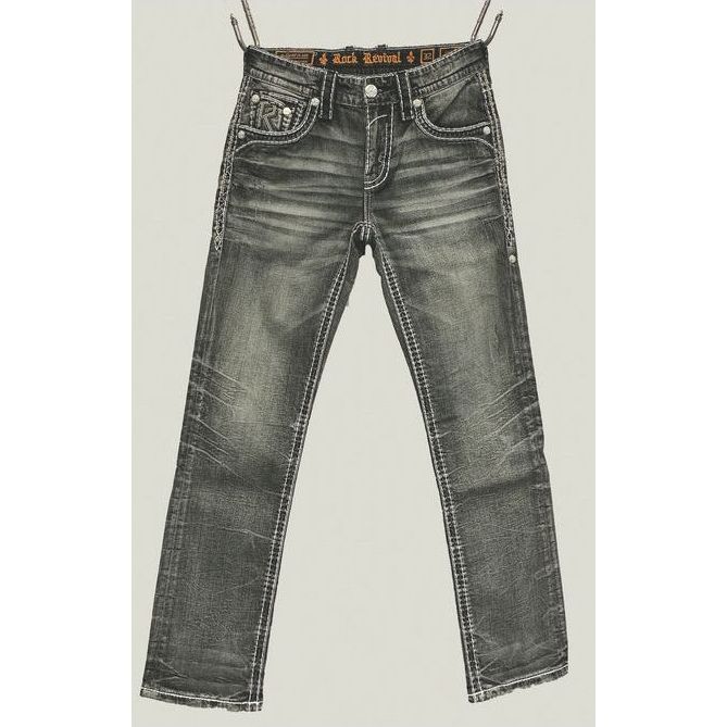 Rock Revival Jailin J205 straight denim jeans in medium blue wash with whiskering and fleur-de-lis back pockets