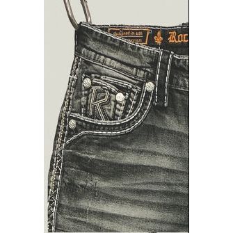 Rock Revival Jailin J205 straight denim jeans in medium blue wash with fleur-de-lis back pocket embroidery.