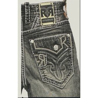 Rock Revival Jailin J205 straight denim jeans in medium blue wash with fleur-de-lis embroidered back pocket