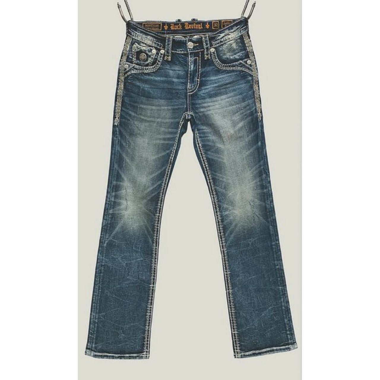 Rock Revival Justice B205 Bootcut jeans in medium indigo stretch denim with classic bootcut silhouette.