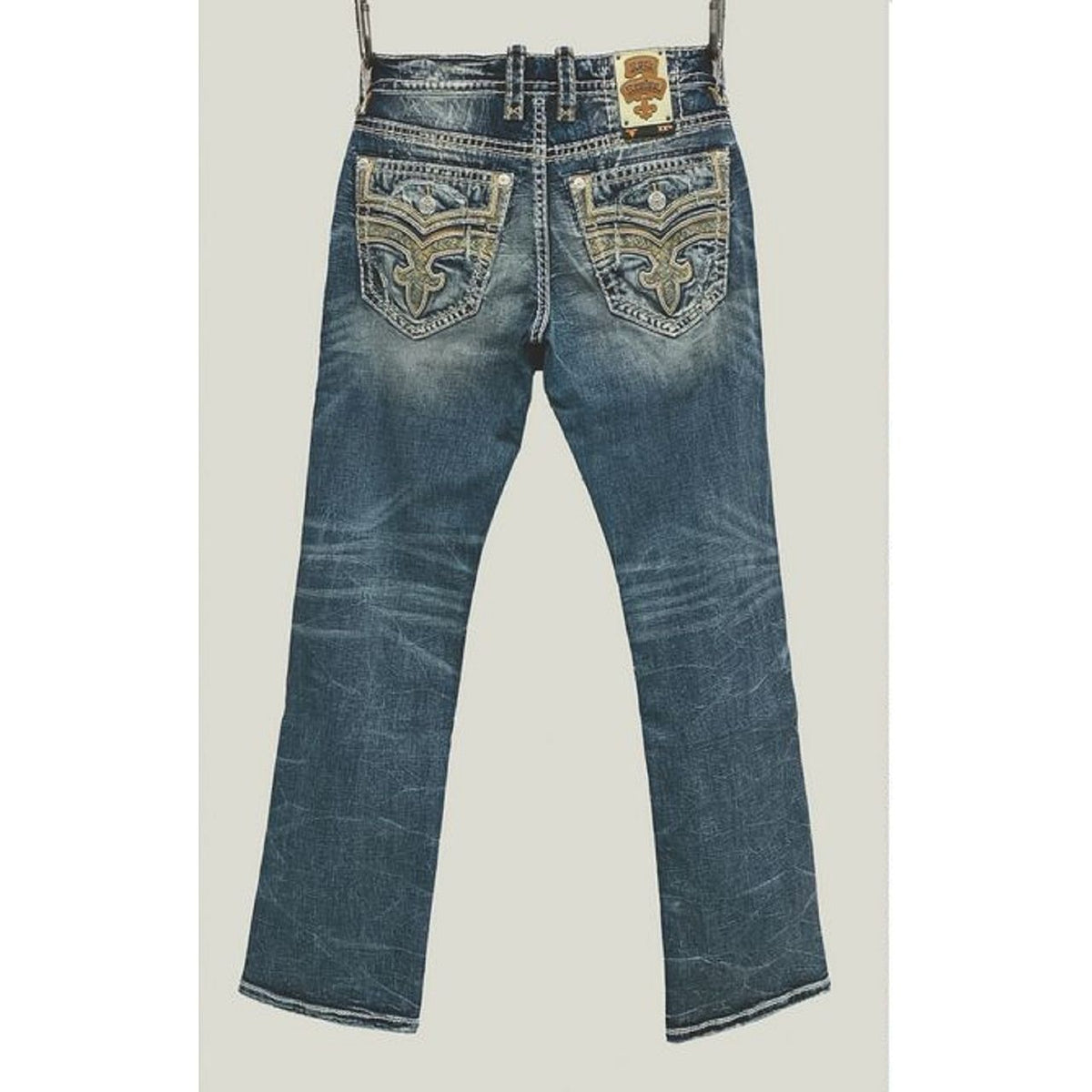 Back view of Rock Revival Justice B205 Bootcut jeans in medium indigo with embroidered back pockets and stretch denim.