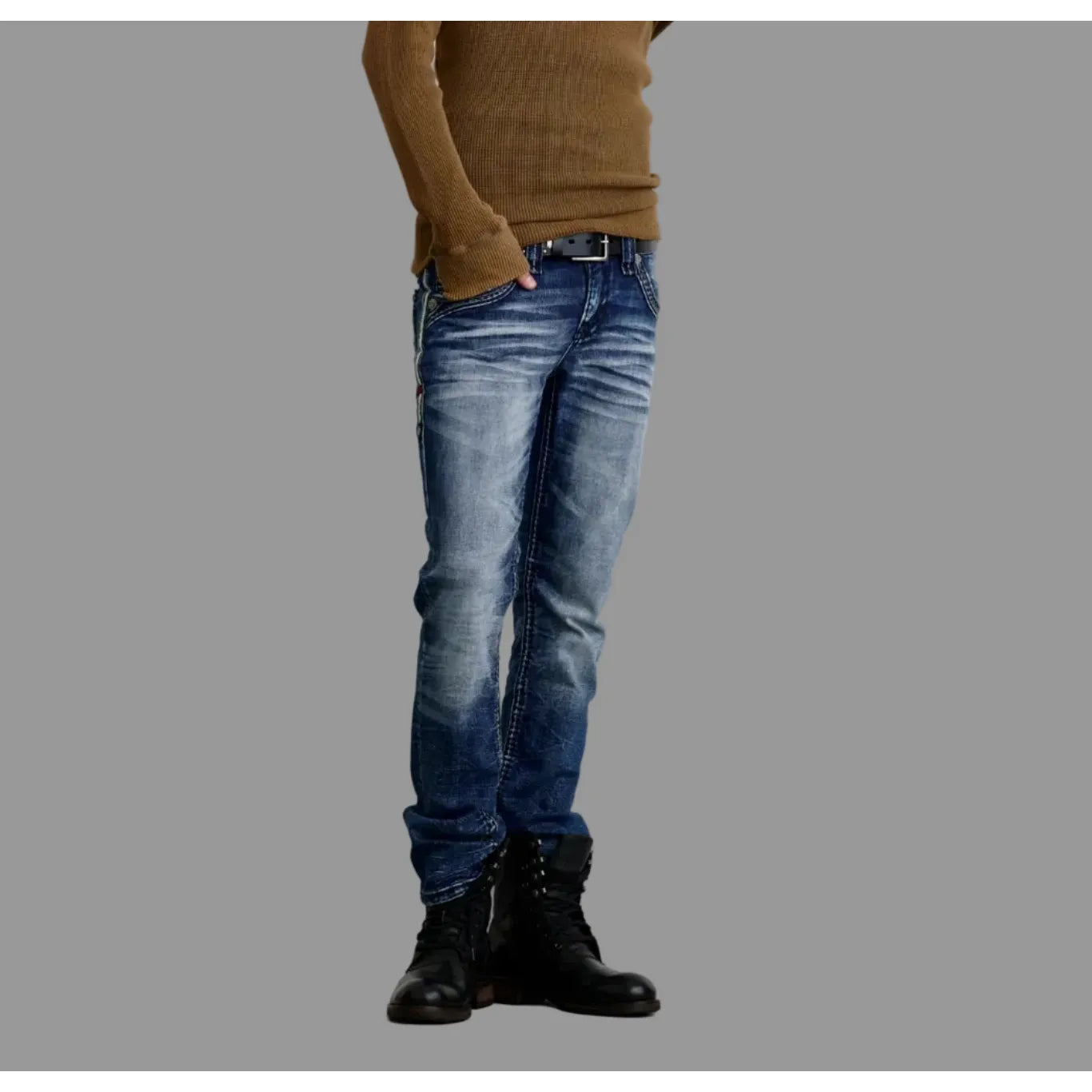 Rock Revival Merlot J202 straight denim in medium blue wash with fleur-de-lis back-pocket embroidery.