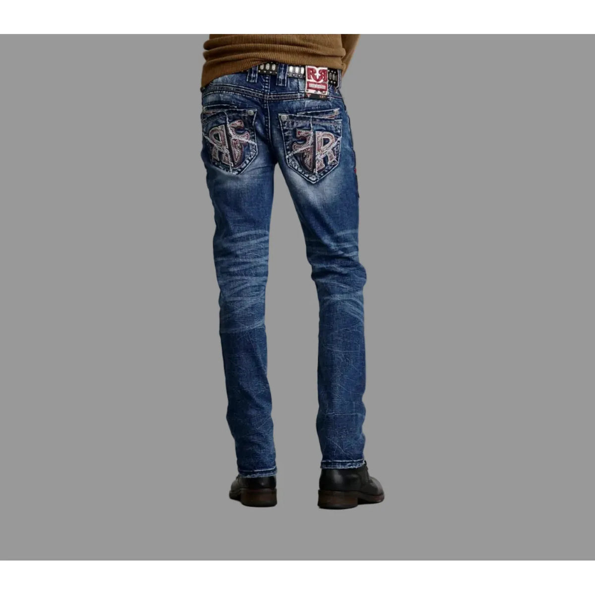 Rock Revival Merlot J202 straight denim jeans with medium blue wash and fleur-de-lis embroidery on back pockets