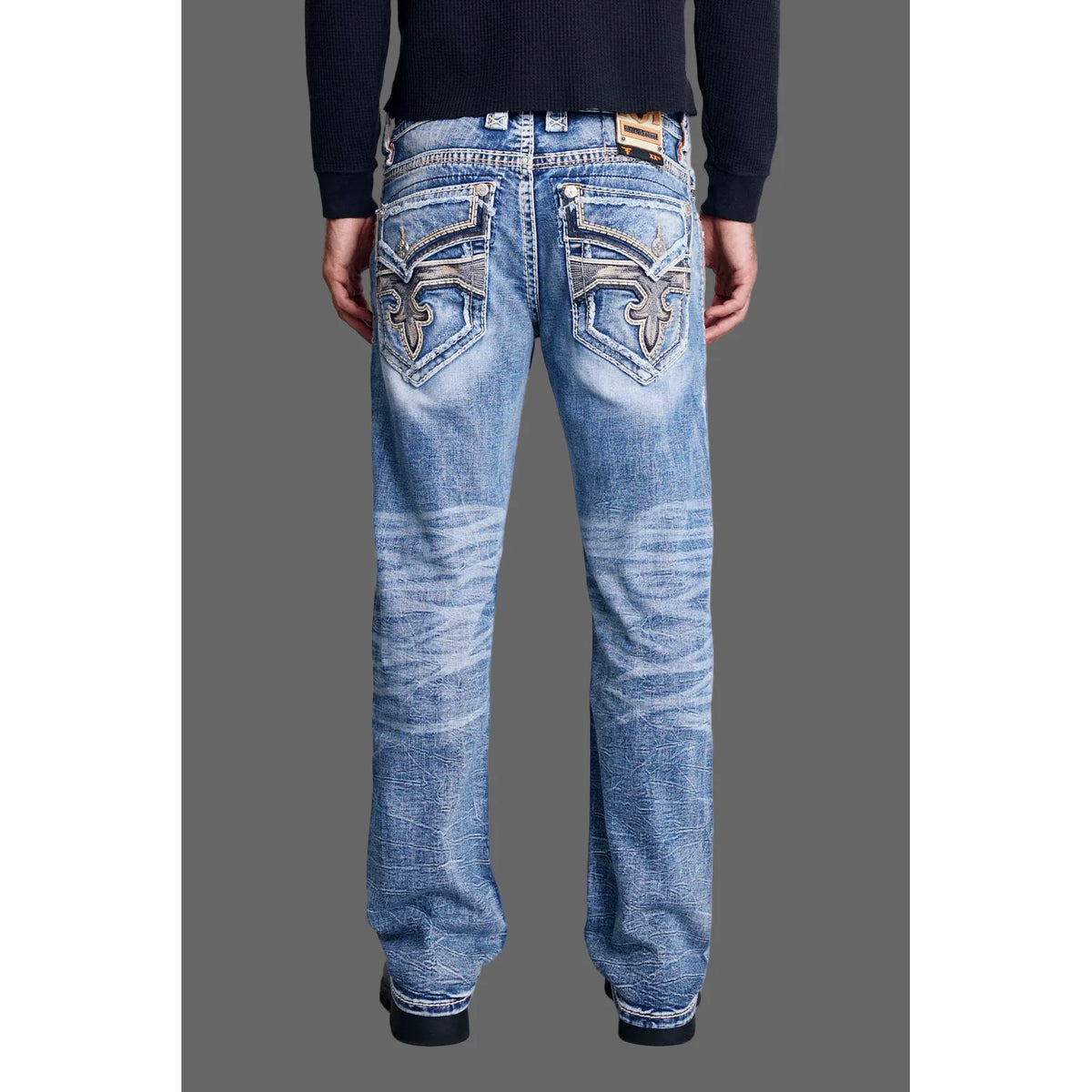 Rock Revival Mitchell J203 Straight Denim jeans in light-wash stretch denim, back view with decorative pockets.