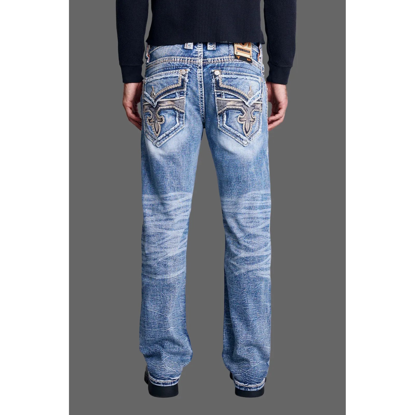 Rock Revival Mitchell J203 Straight Denim jeans in light-wash stretch denim, back view with decorative pockets.