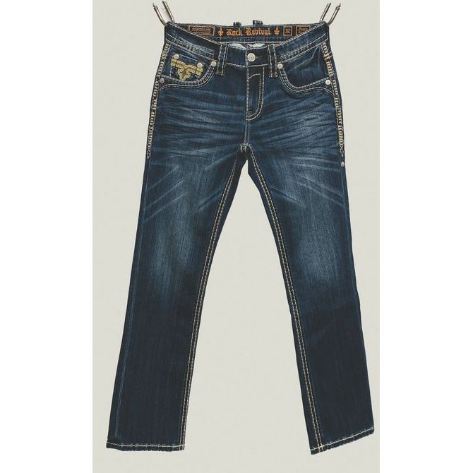 Rock Revival Prarie B201 Bootcut jeans in medium indigo wash with contrast stitching and premium detailing.
