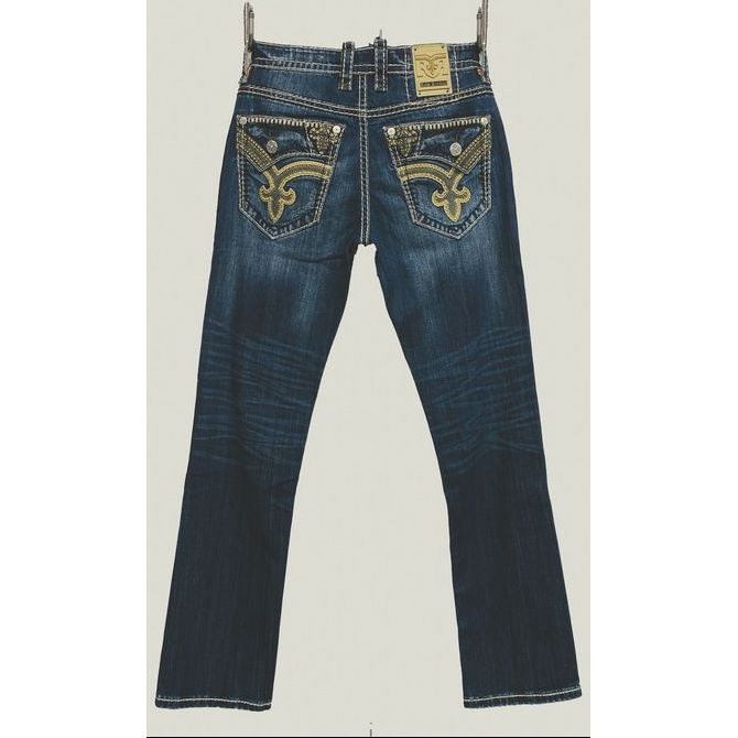 Rock Revival Prarie B201 Bootcut jeans with gold-embroidered back pockets, medium indigo wash.