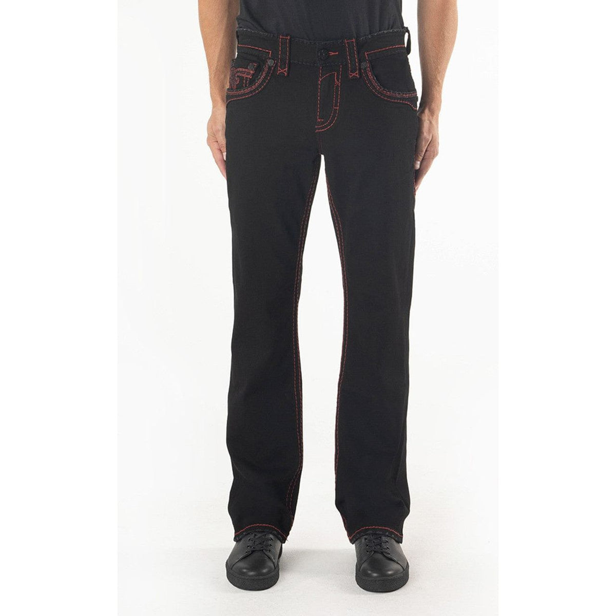 Rock Revival Arther B217 Bootcut jeans in black denim with red stitching and fleur de lis back pockets by Rock Revival.