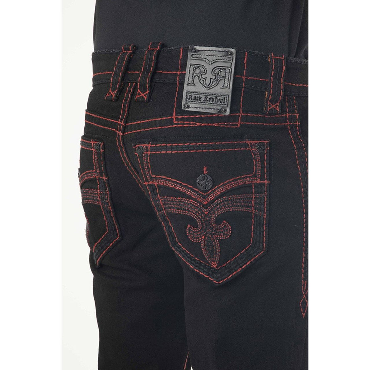 Rock Revival Arther B217 Bootcut jeans in black denim with red stitching, fleur-de-lis back pocket and metal patch.