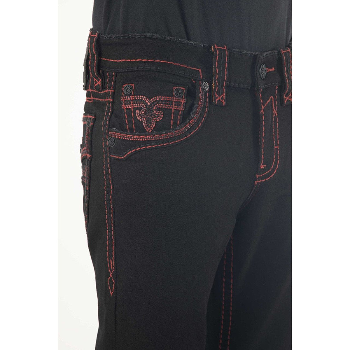 Rock Revival Arther B217 Bootcut jeans with red stitching and fleur-de-lis pocket embroidery, black hardware