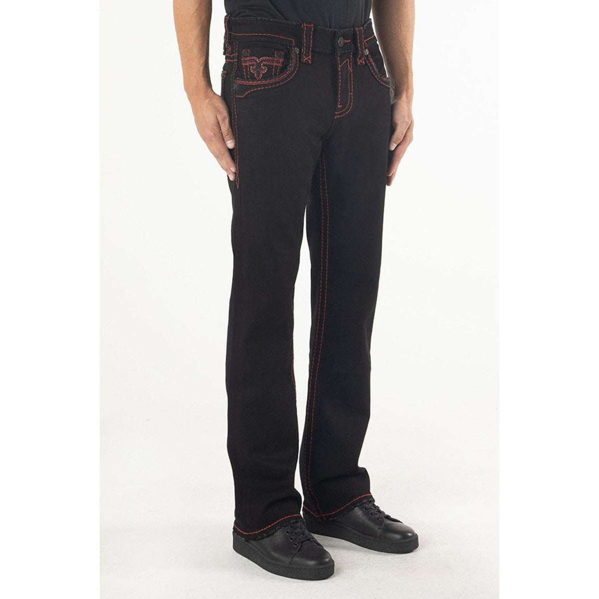 Rock Revival Arther B217 Bootcut jeans with red/black stitching, fleur de lis back pockets, matte hardware.