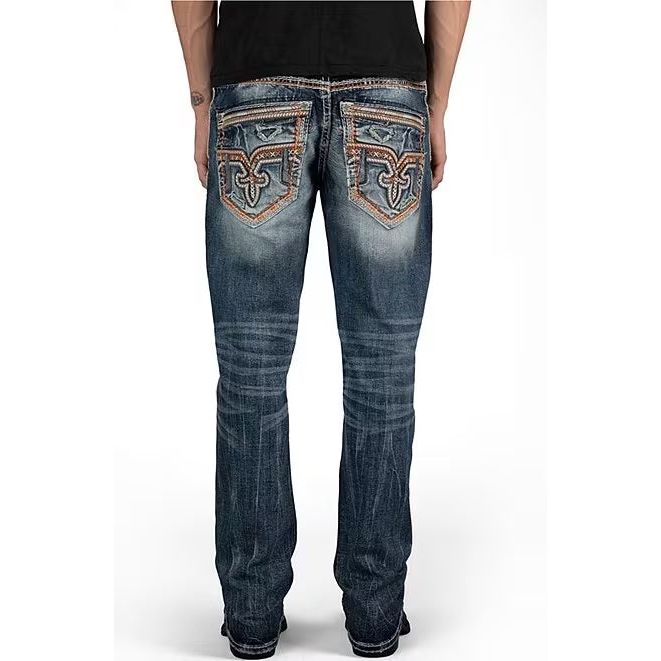 Stylish Rock Revival Ryder J200 Straight Denim features mid-rise fit, straight legs, and unique orange stitching details.