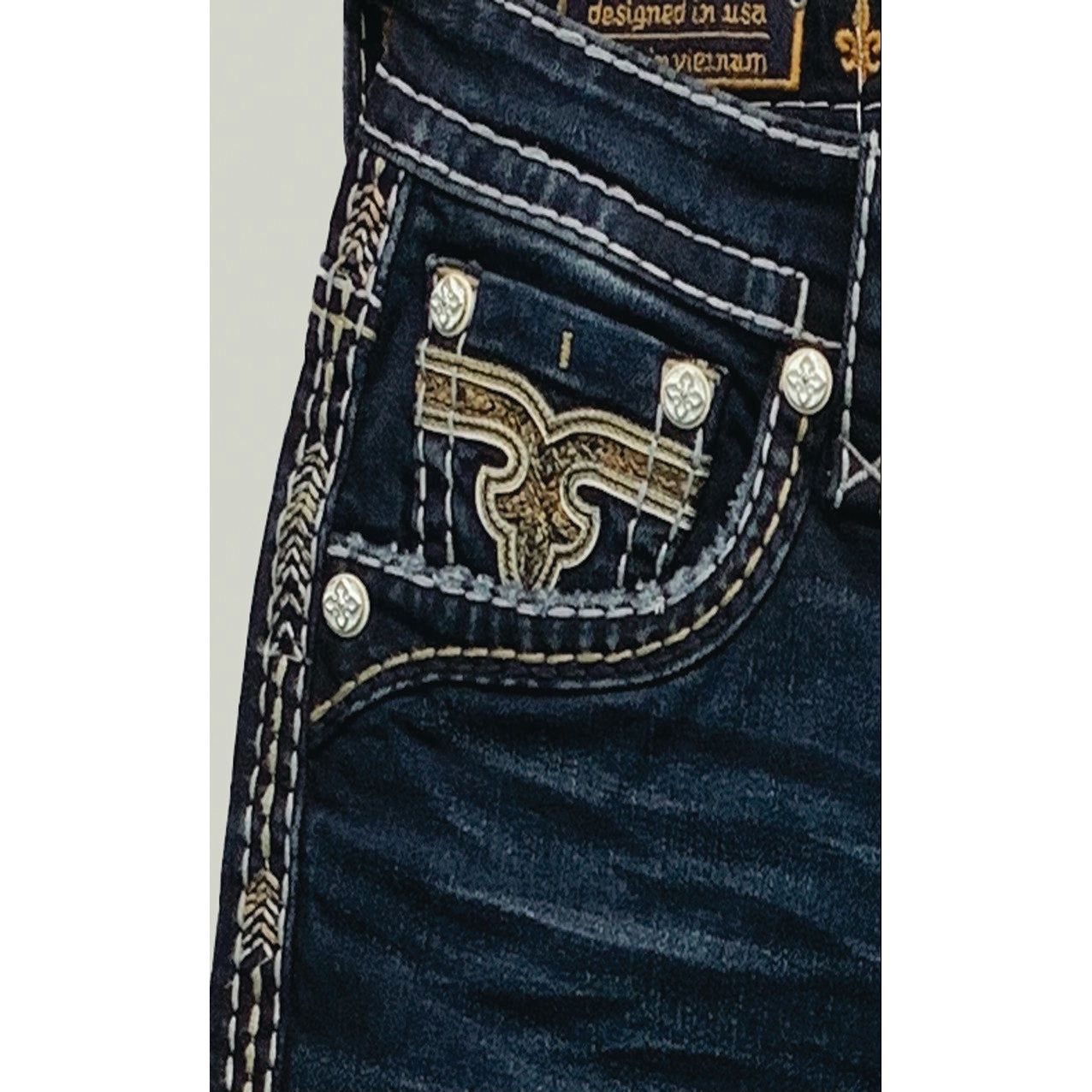 Rock Revival Samuel J204 Straight Denim jeans with bold dark wash, straight silhouette, ornate front pocket embroidery.