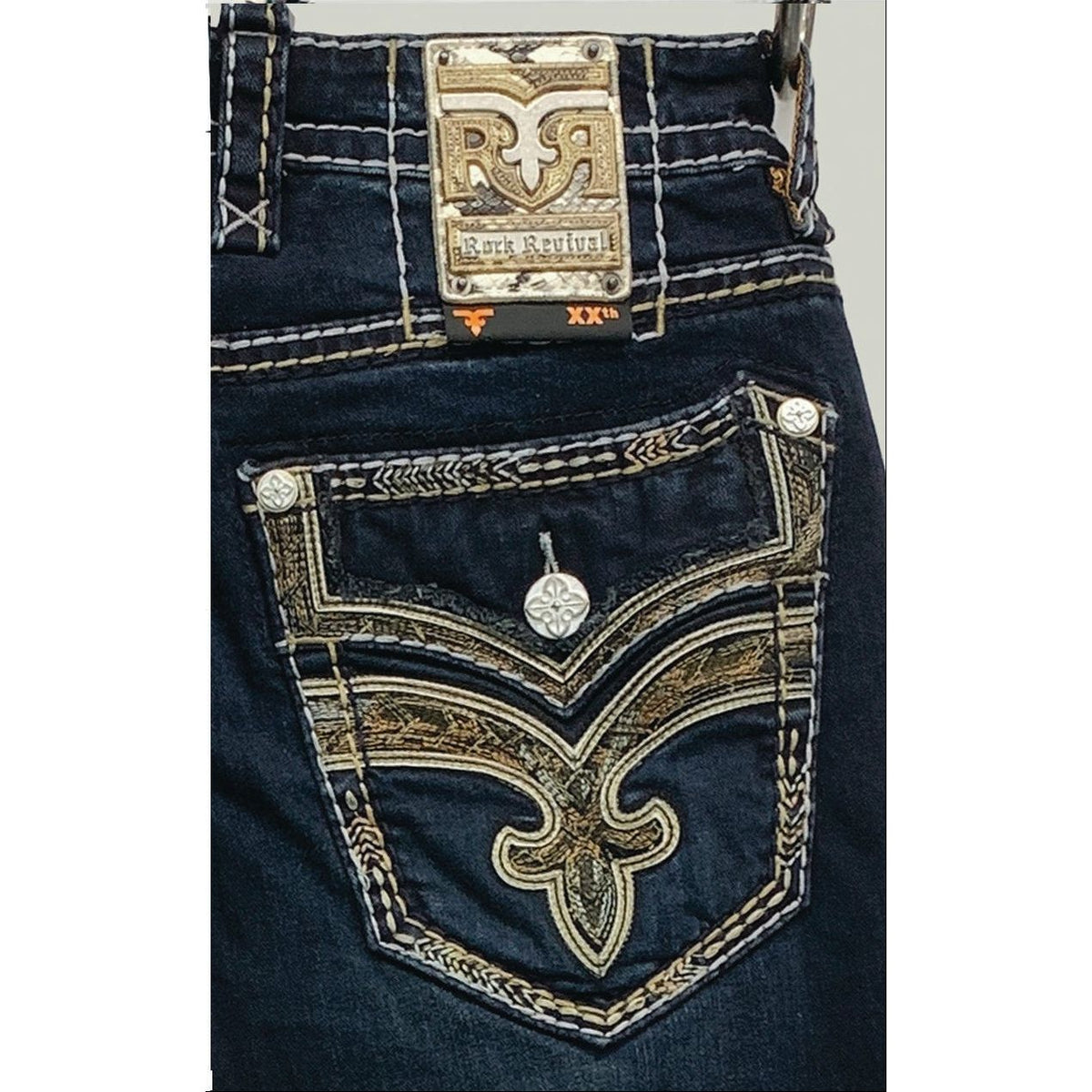 Rock Revival Samuel J204 Straight Denim jeans, bold dark wash, ornate back pocket embroidery and metal crest patch.