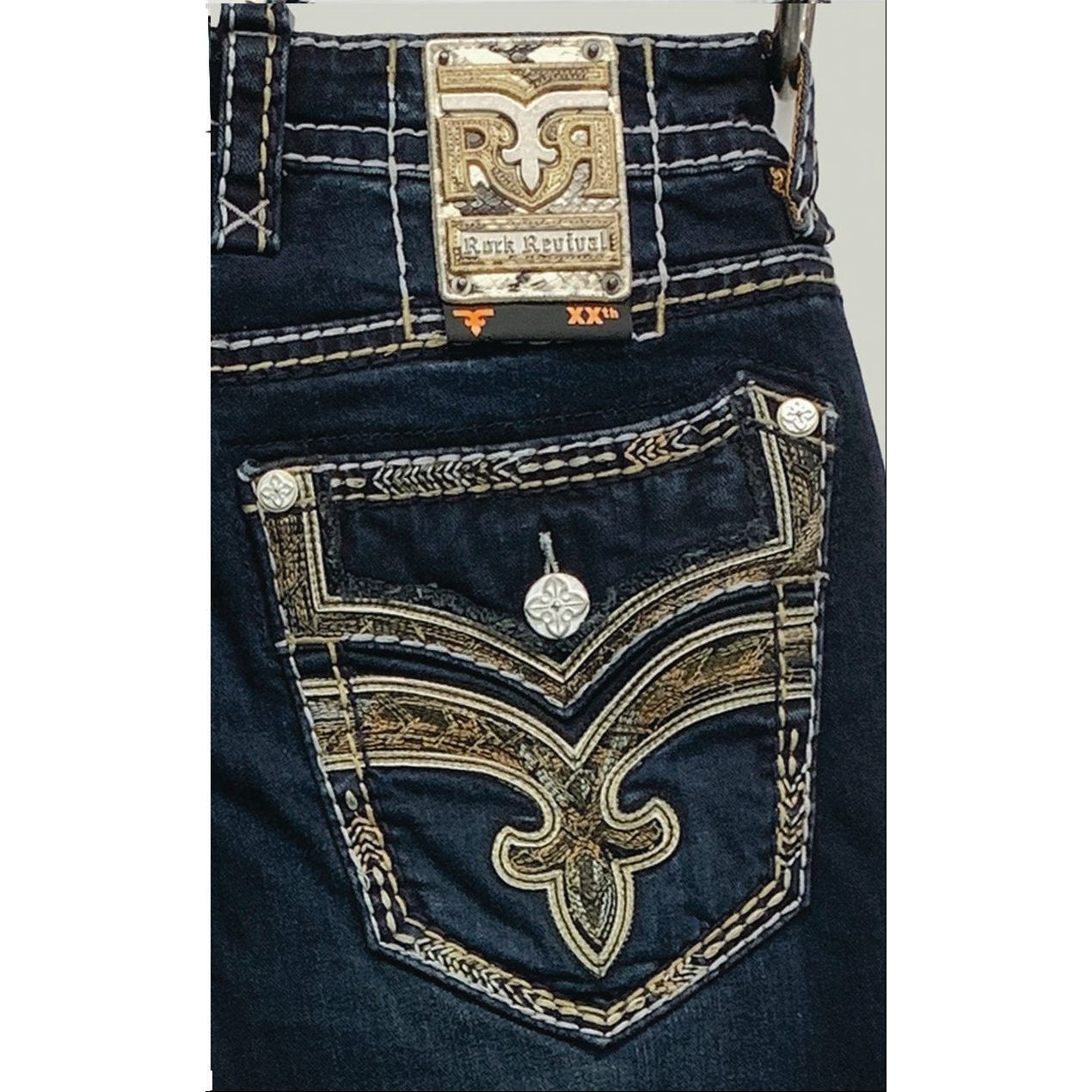 Rock Revival Samuel J204 Straight Denim jeans, bold dark wash, ornate back pocket embroidery and metal crest patch.