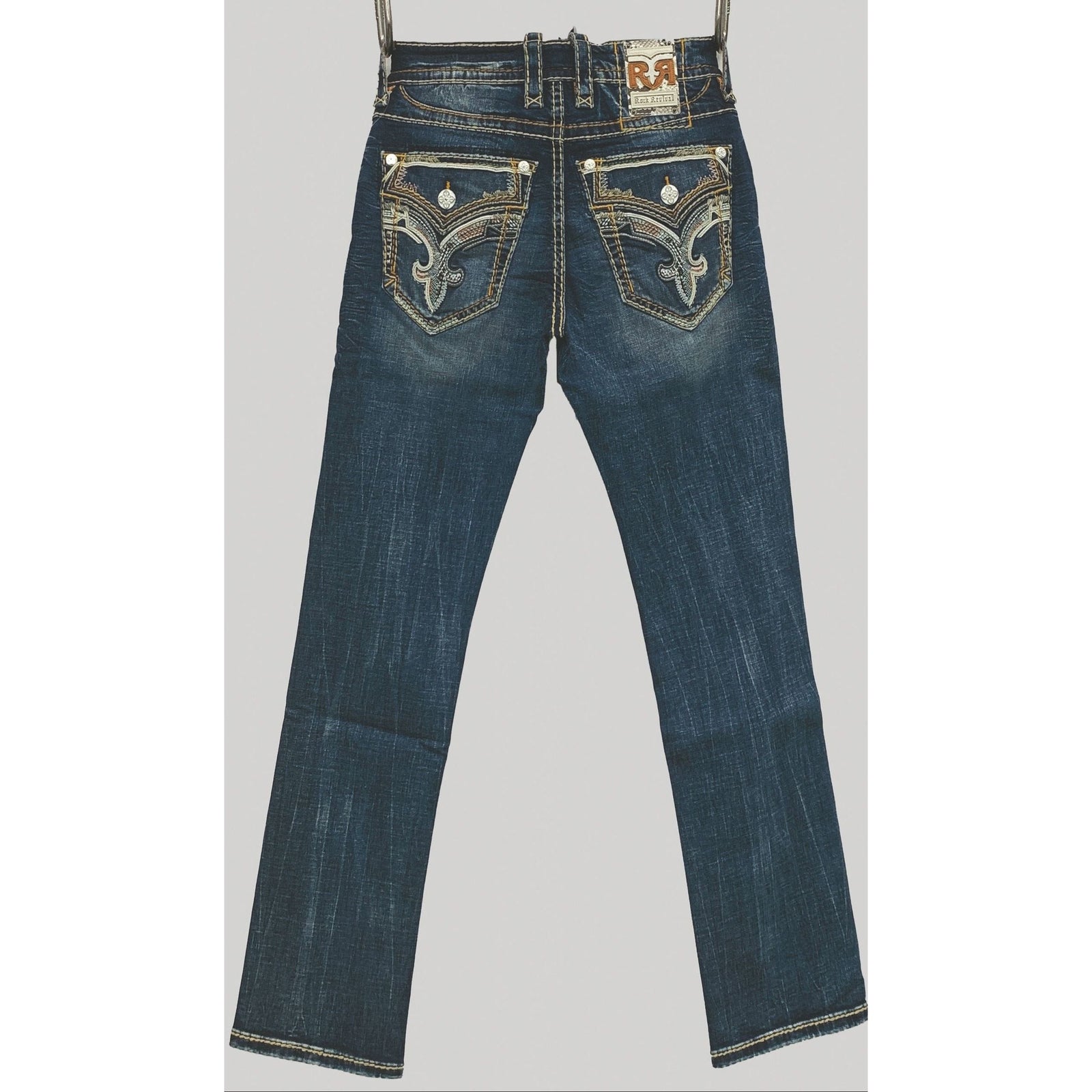 Rock Revival Theodore J201 Straight jeans in dark indigo with ornate stitched back pockets and brand patch.
