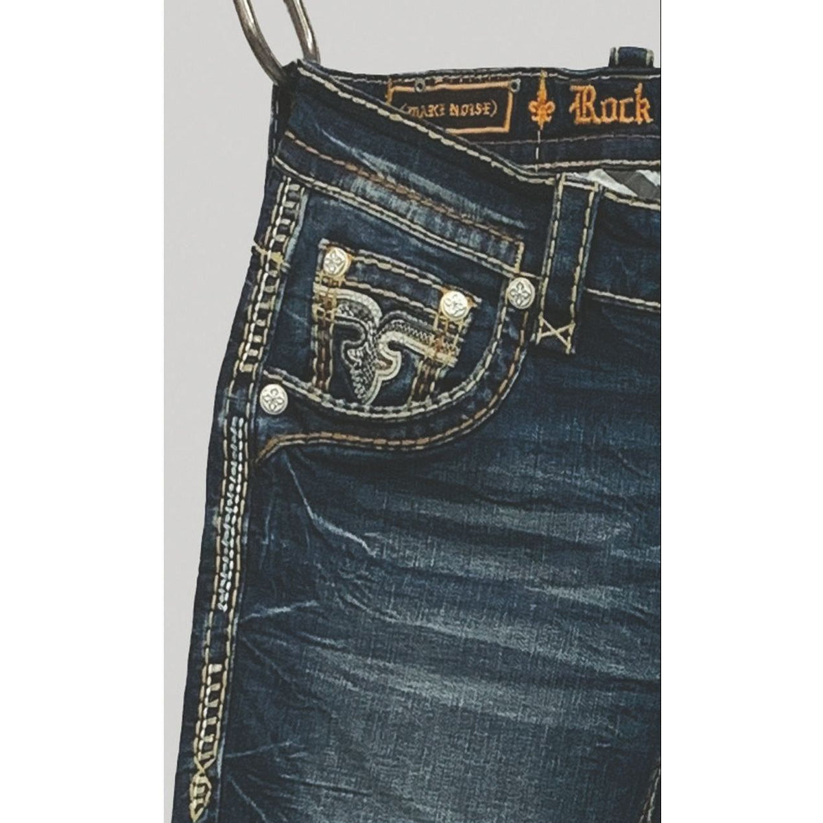 Rock Revival Theodore J201 Straight jeans front pocket with embroidery and signature stitching on dark denim