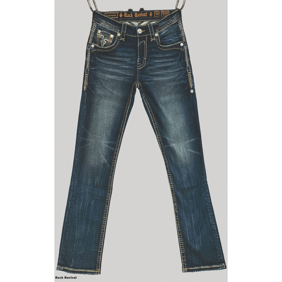 Rock Revival Theodore J201 Straight jeans in dark distressed denim with contrast stitching and metal accents.