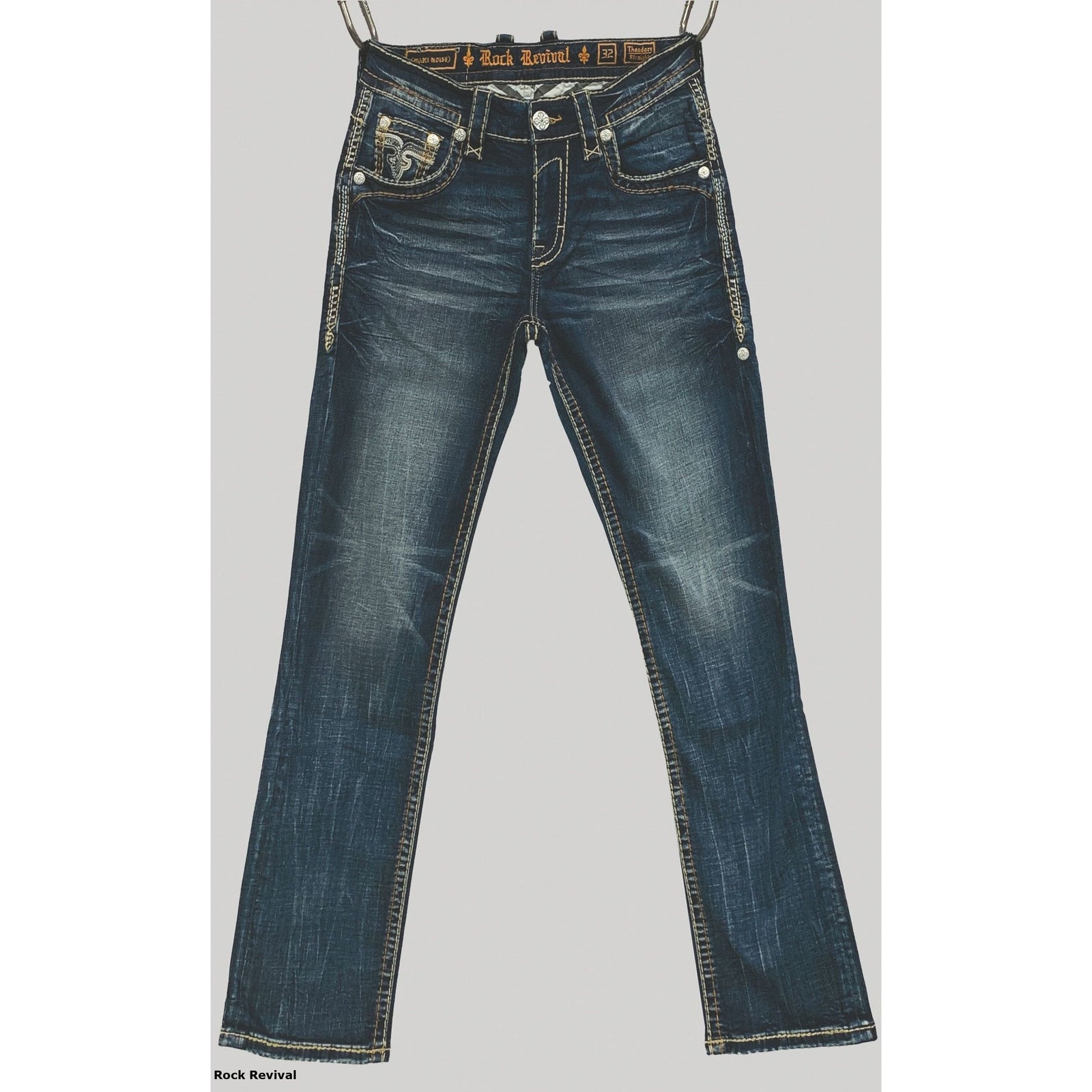 Rock Revival Theodore J201 Straight jeans in dark distressed denim with contrast stitching and metal accents.