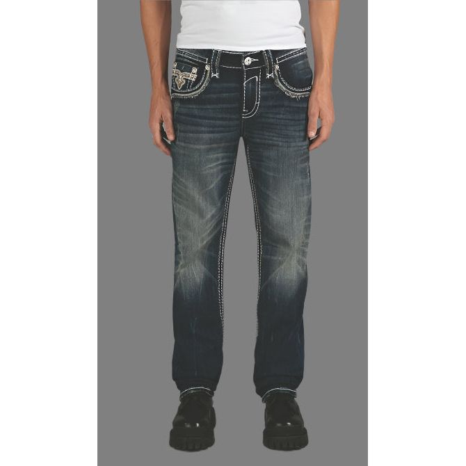 Stylish Rock Revival Tristan J204 Straight Denim with fleur-de-lis embroidery and bold stitching for a modern edge.
