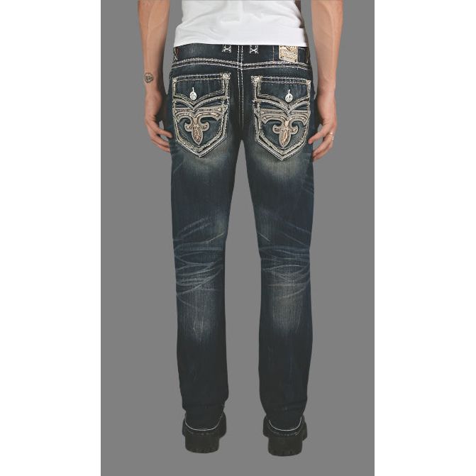 Stylish Rock Revival Tristan J204 Straight Denim with fleur-de-lis embroidery and contrasting stitching for a bold look.