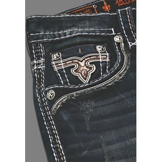 Rock Revival Tristan J204 Straight Denim showcases unique fleur-de-lis embroidery and bold stitching details.