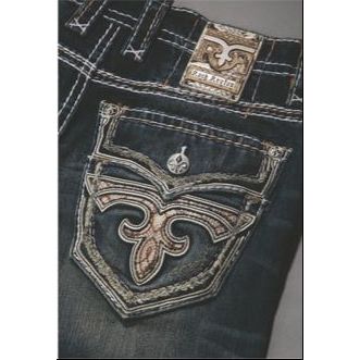Rock Revival Tristan J204 Straight Denim showcases stylish back pockets with fleur-de-lis embroidery and bold stitching.