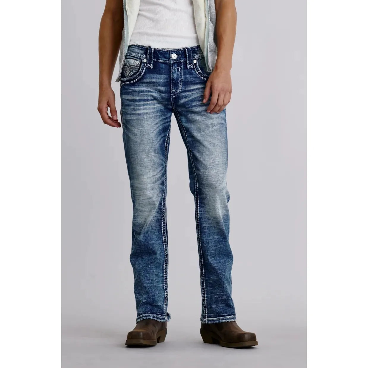 Rock Revival Waylon B200 Bootcut jeans in medium indigo stretch denim with whiskering and classic bootcut