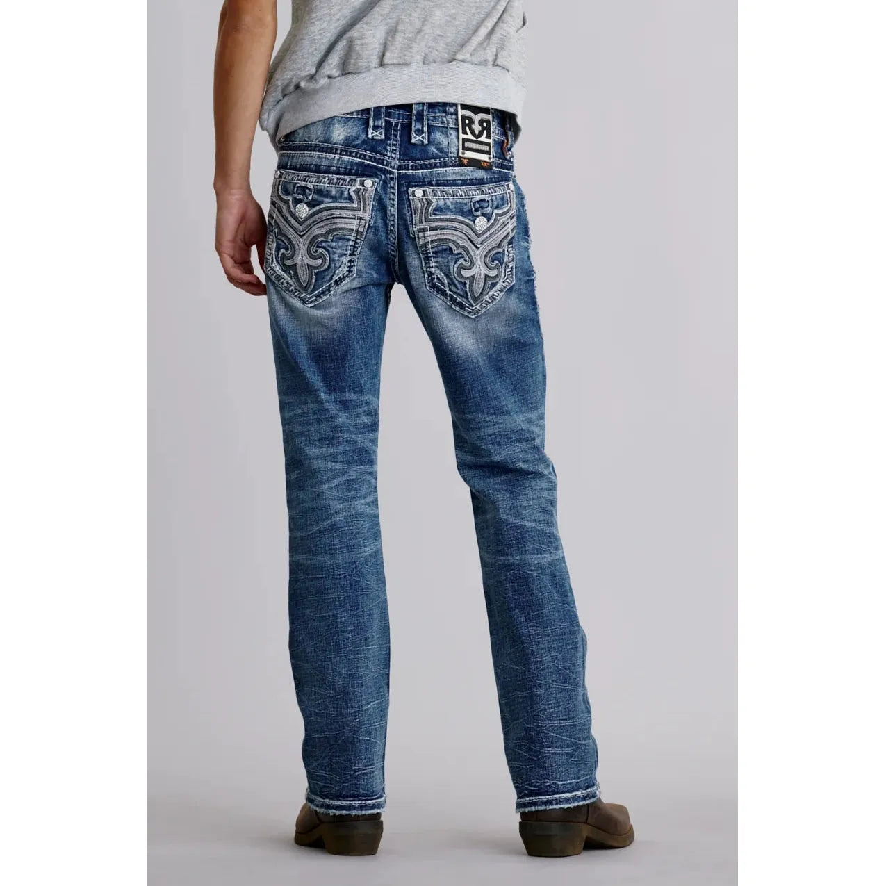Rock Revival Waylon B200 Bootcut jeans in medium indigo stretch denim with whiskering and classic bootcut
