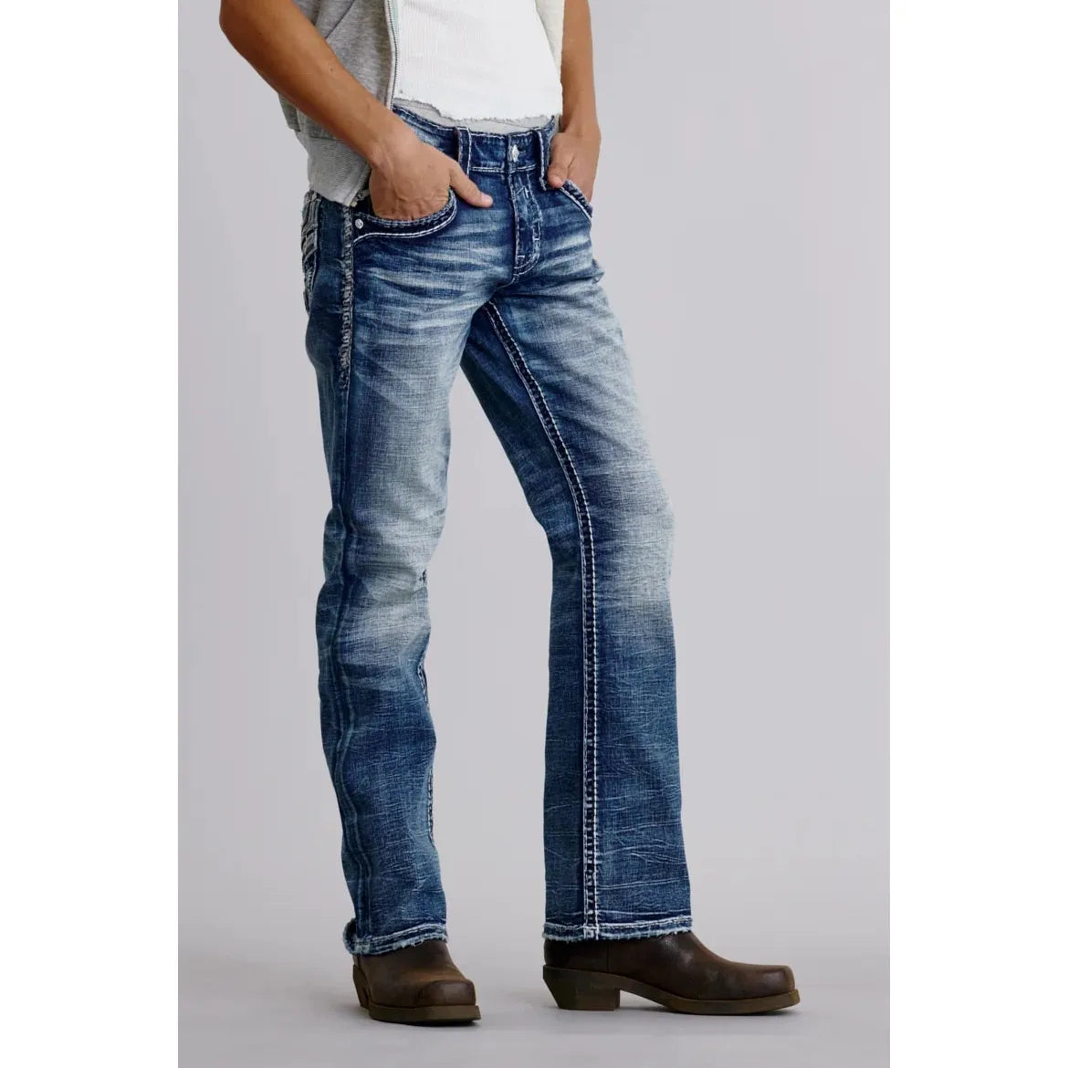Rock Revival Waylon B200 Bootcut jeans in medium indigo denim with a classic bootcut silhouette.