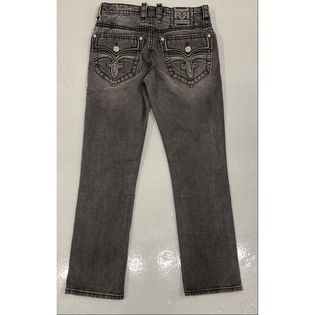 Rock Revival Wes B200 Bootcut jeans, dark indigo stretch denim with ornate back-pocket embroidery and metal rivets.