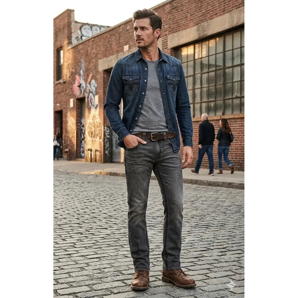 Rock Revival Wes B200 Bootcut jeans in medium indigo with stretch worn by a man in an urban denim shirt and boots.