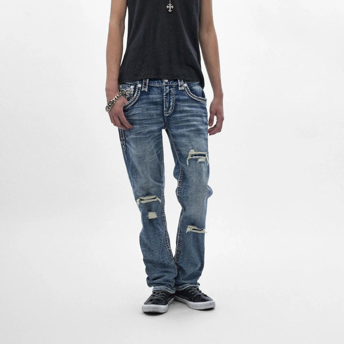 Rock Revival Zayn J200 straight jeans in indigo wash with knee rips, whiskering, and signature back pocket embroidery.