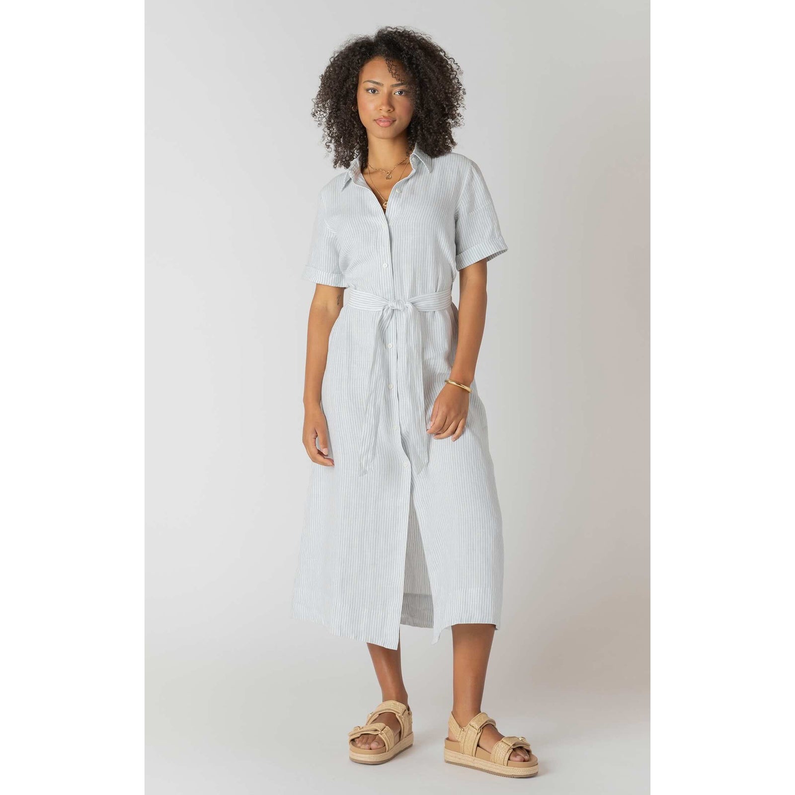 Room 34 Belted Shirtdress in light blue stripes with tie waist, button front, midi length.