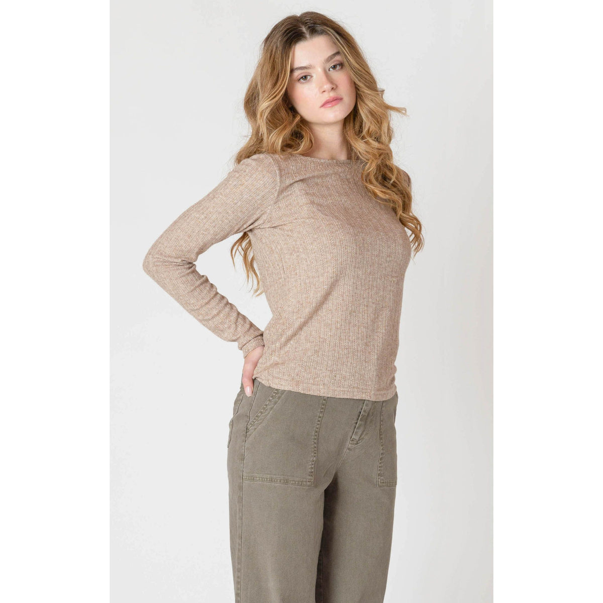 Room 34 Boatneck Textured Top in beige, long-sleeve knit on model.