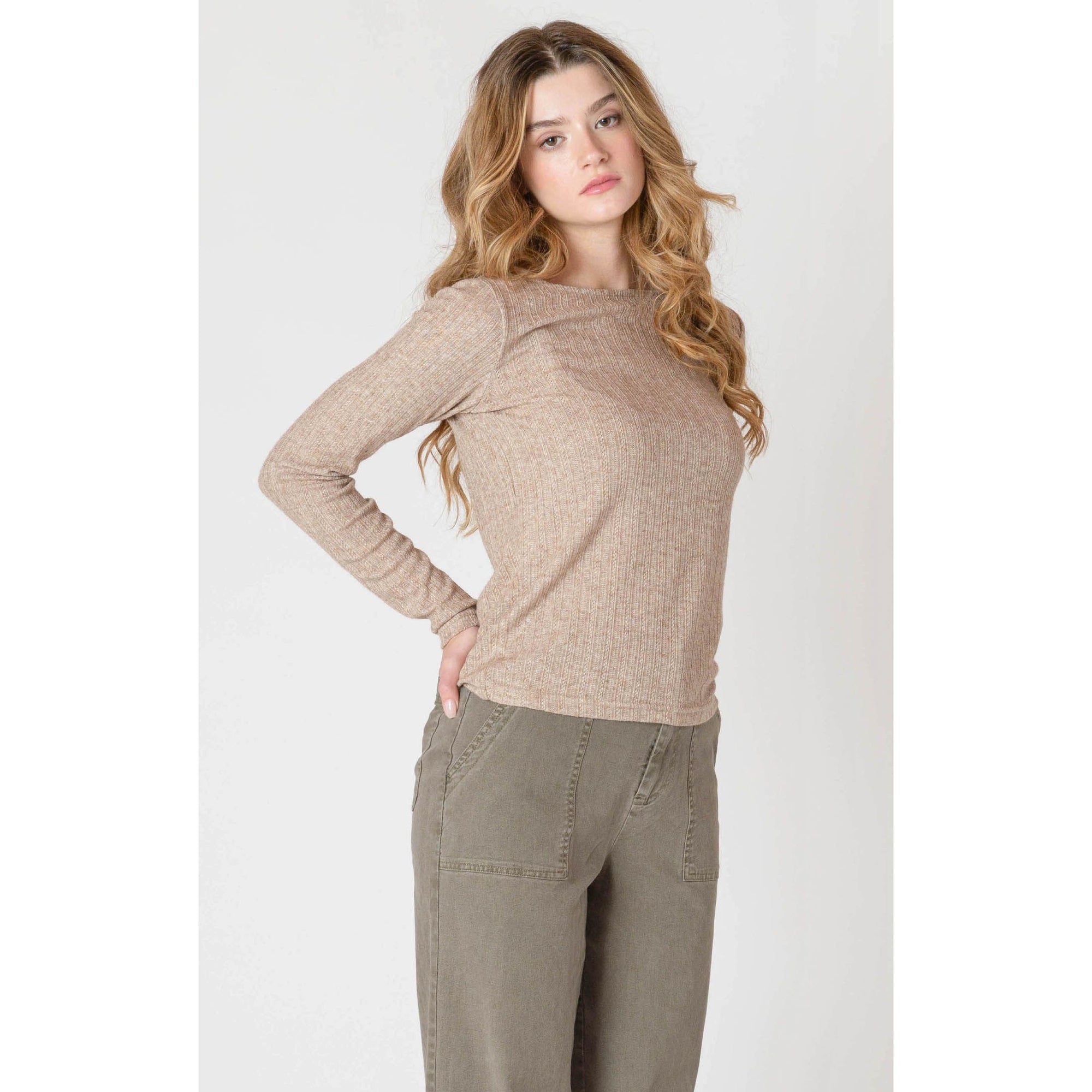 Room 34 Boatneck Textured Top in beige, long-sleeve knit on model.
