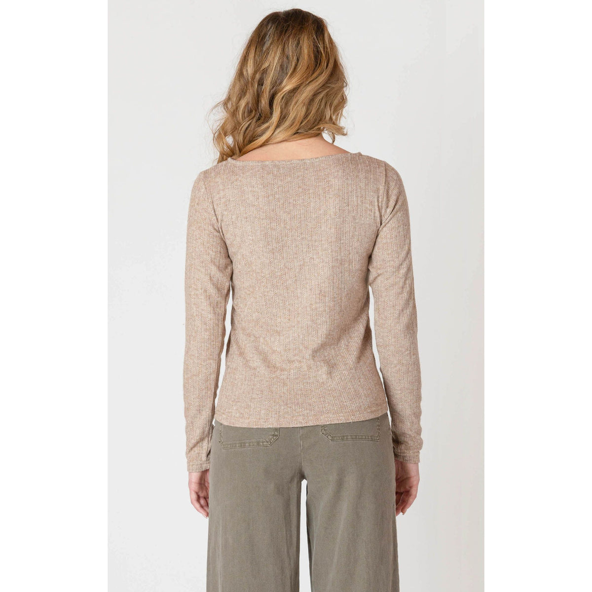 Room 34 Boatneck Textured Top in beige ribbed knit with long sleeves (back view).