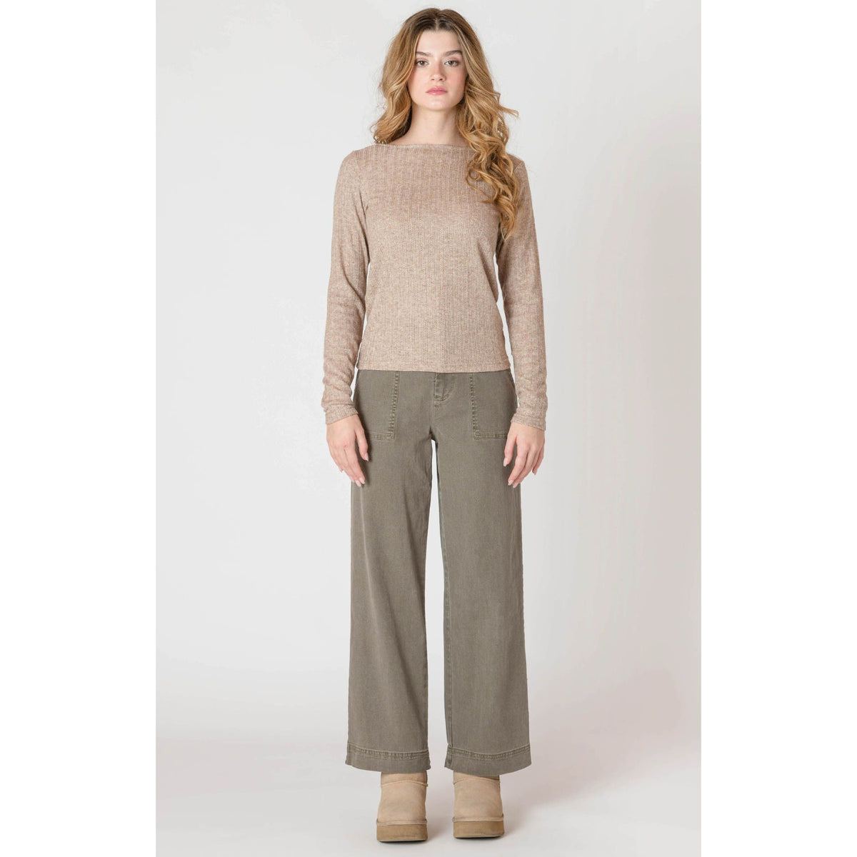 Beige Room 34 Boatneck Textured Top on model with long sleeves and a crew neck, paired with olive wide-leg pants.