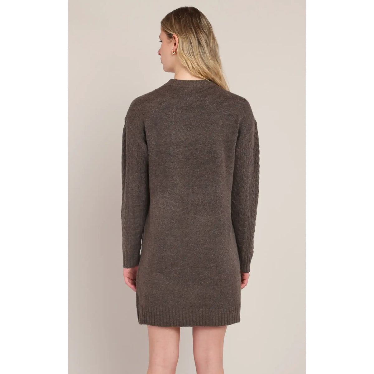 Back view of a chestnut heather cable knit mini dress featuring long sleeves, a crew neck, and ribbed hem.